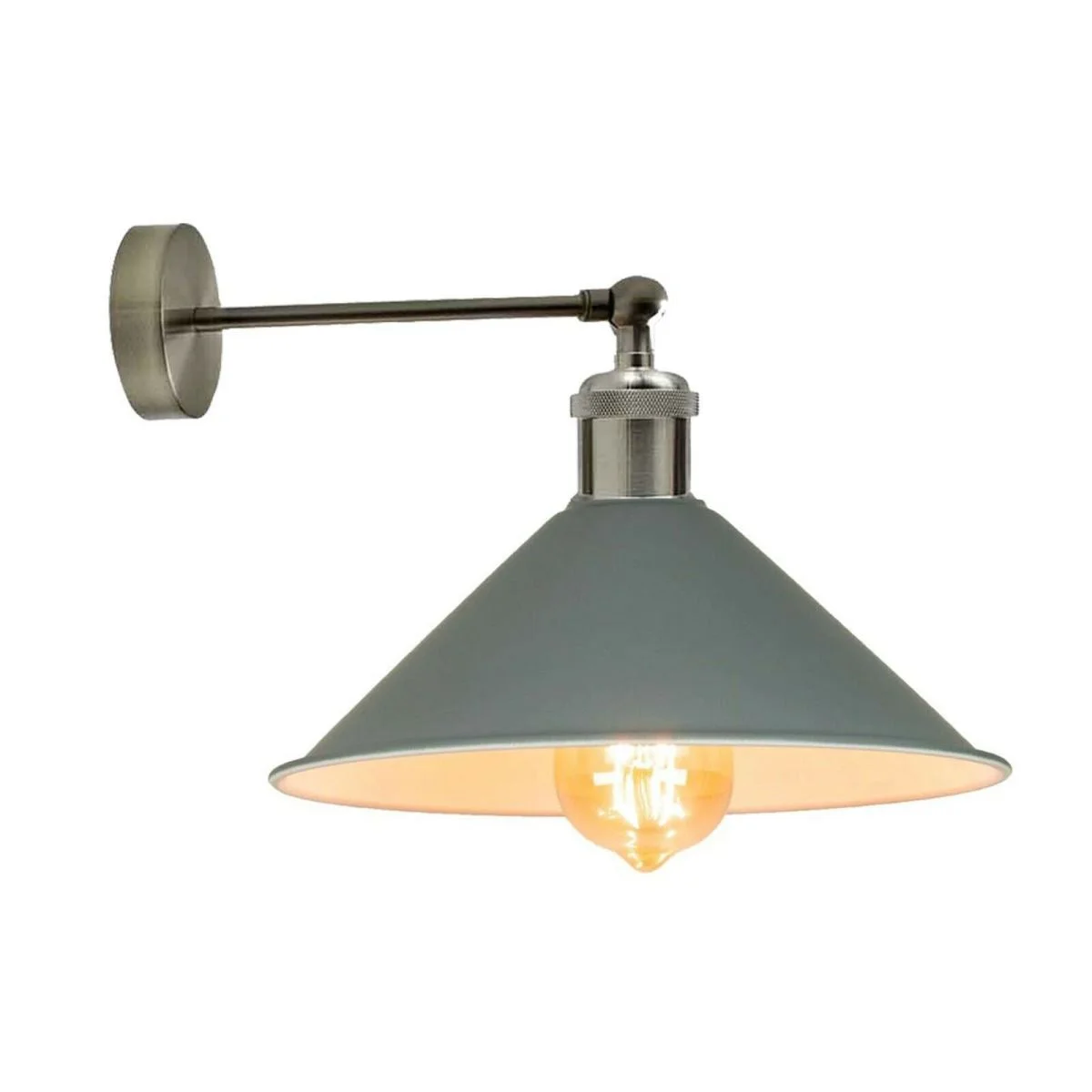 Grey metal retro wall lamp with matte cone pendant and white interior, 22 cm shade, adjustable arm, modern loft style.