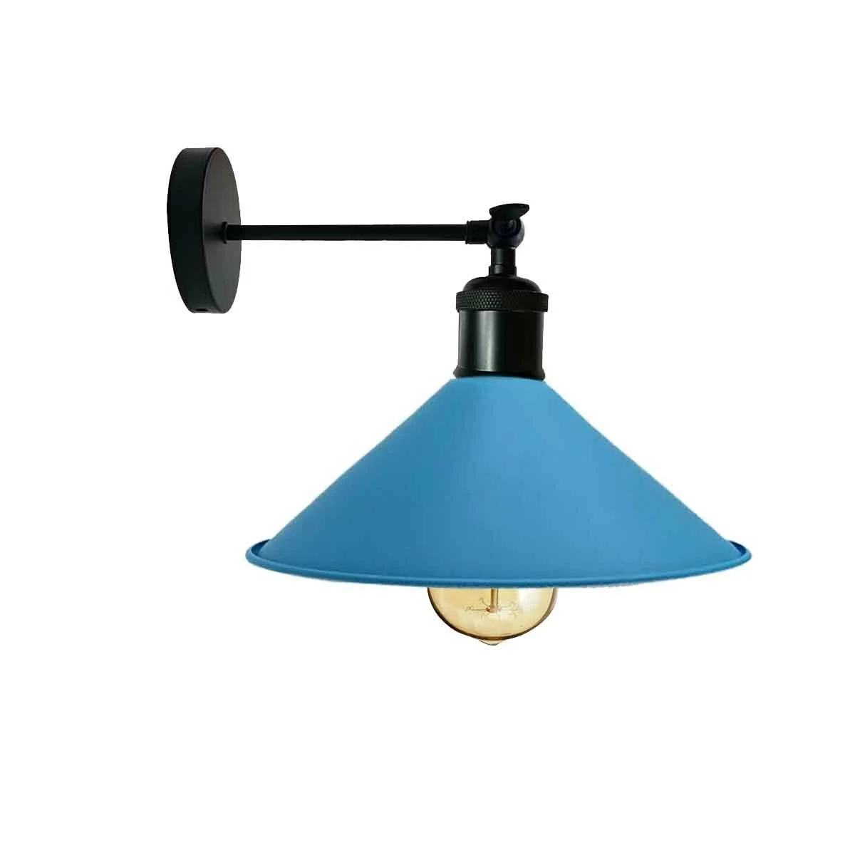 Industrial blue wall lamp with vintage industrial design, adjustable metal arm, and cone-shaped shade with white interior finish