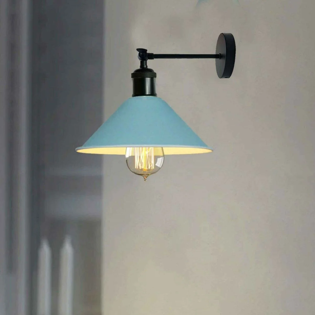 Industrial blue vintage wall sconce with adjustable metal arm and cone shade, designed for E27 bulb, rustic loft style