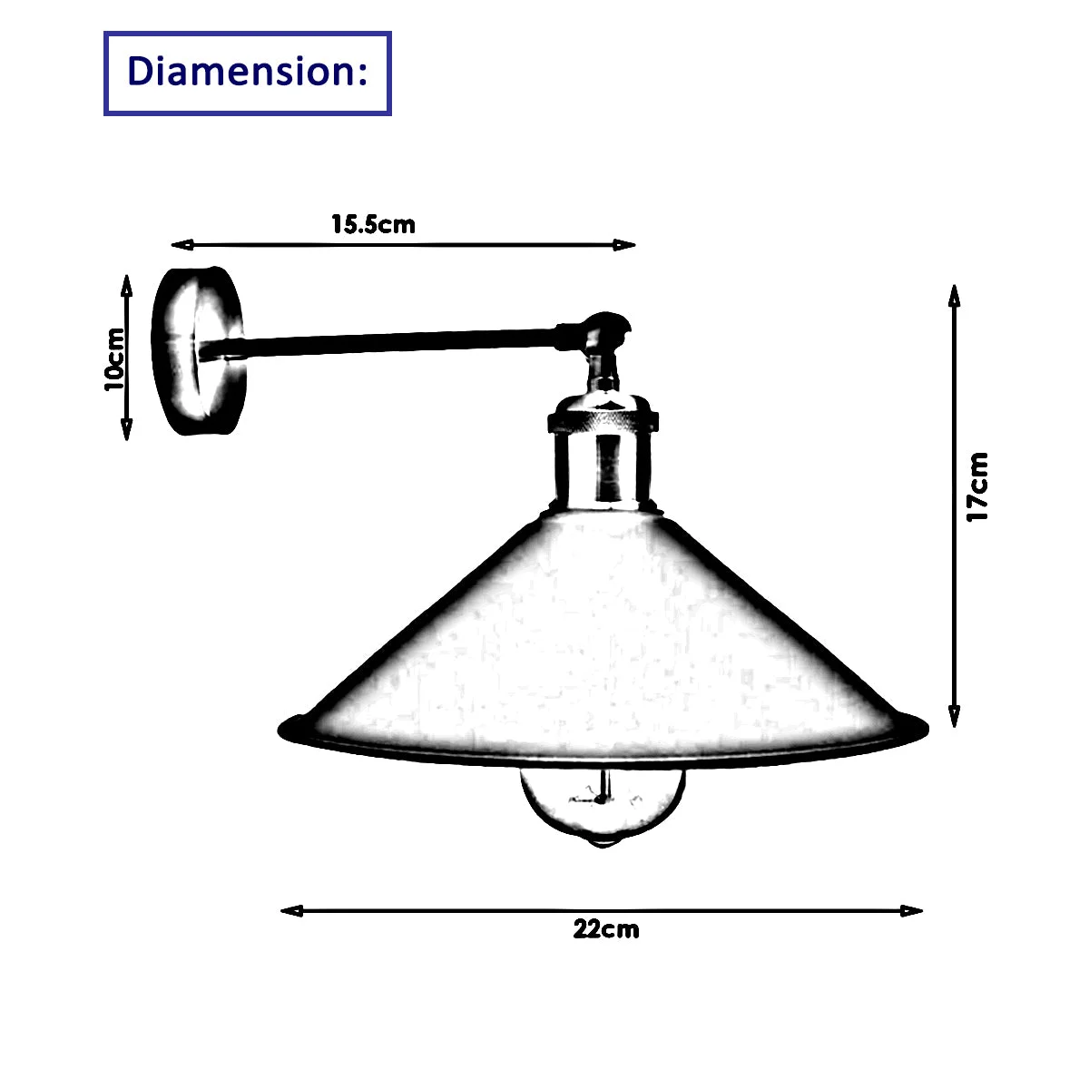Blue industrial vintage adjustable wall light with metal cone shade and E27 lamp base mounted on wall