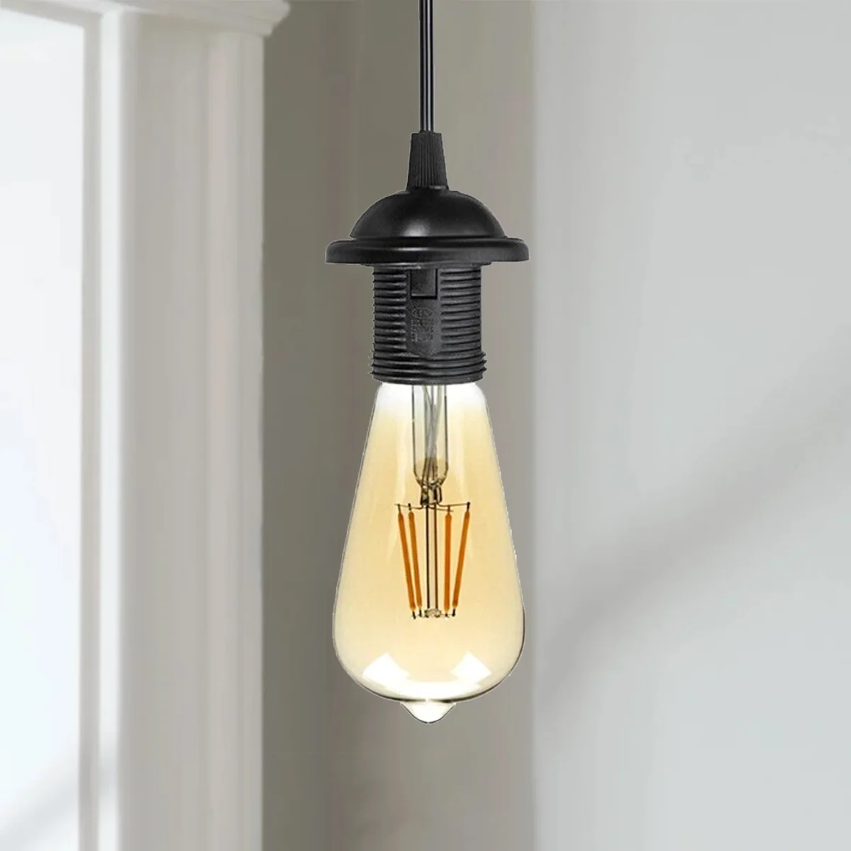Set of 6 vintage ST64 E27 LED bulbs with filament design, warm white light, suitable for decorative lighting.