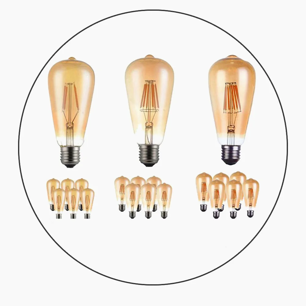 Six vintage ST64 warm white LED bulbs with visible filaments and E27 sockets arranged on a dark surface