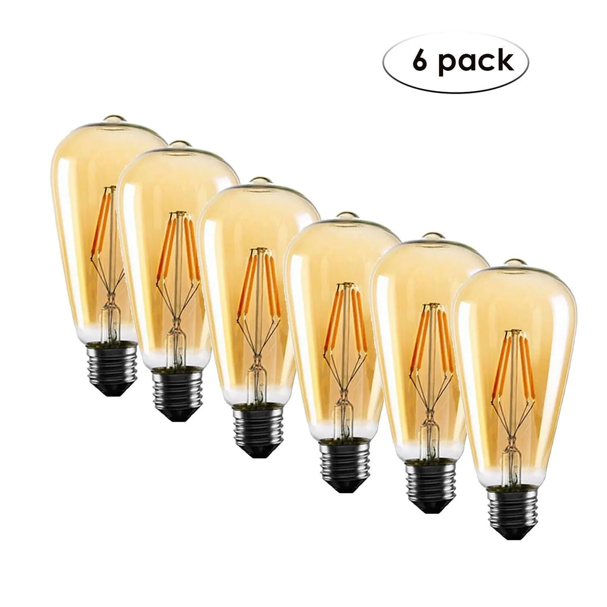 Six vintage-style ST64 E27 energy saving bulbs with warm white LED filaments arranged on a wooden surface