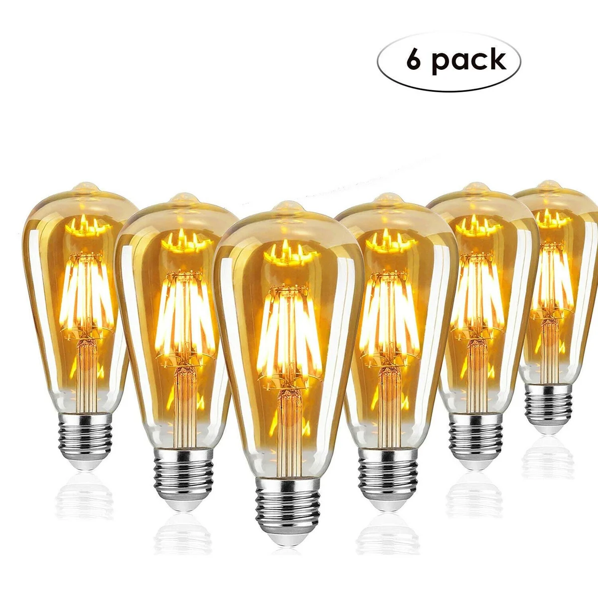 Six antique style light bulbs with visible filaments and warm white glow, arranged on a white background