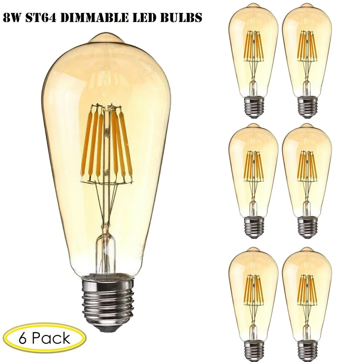 Six vintage ST64 E27 filament long life LED bulbs glowing warm white on a wooden surface in a row