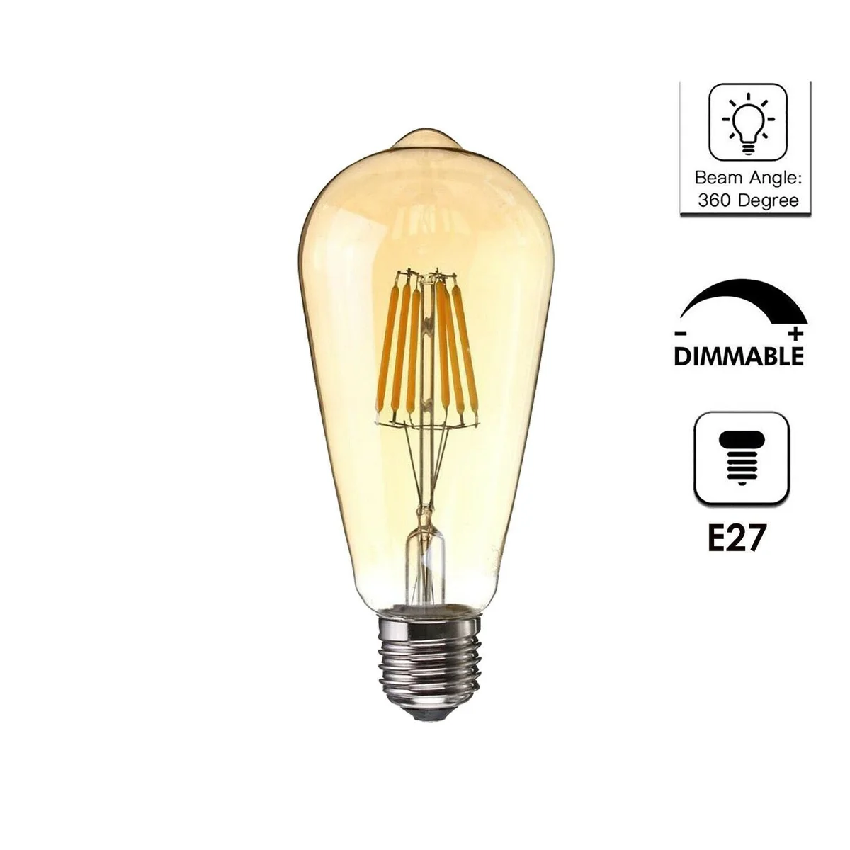 Six vintage LED filament bulbs with clear glass and visible filaments arranged in a row on a white background