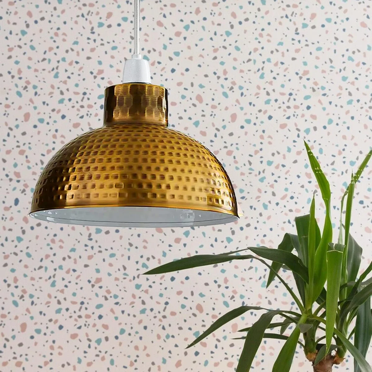 Brass dome-shaped retro lampshade with industrial concrete effect, designed as an easy fit ceiling shade for pendant lights