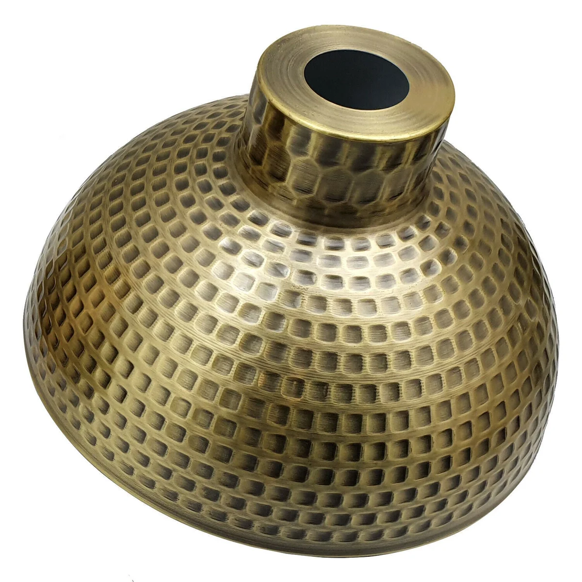 Green brass pendant light with industrial metal lampshade and concrete effect finish hanging from ceiling