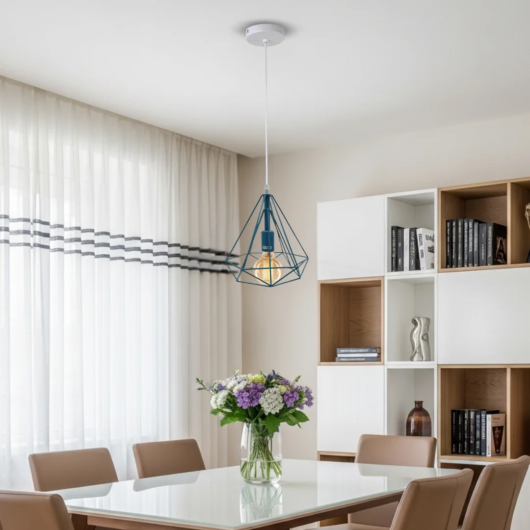 Black metal wire cage industrial pendant lamp with adjustable cable and E27 bulb holder hanging from ceiling