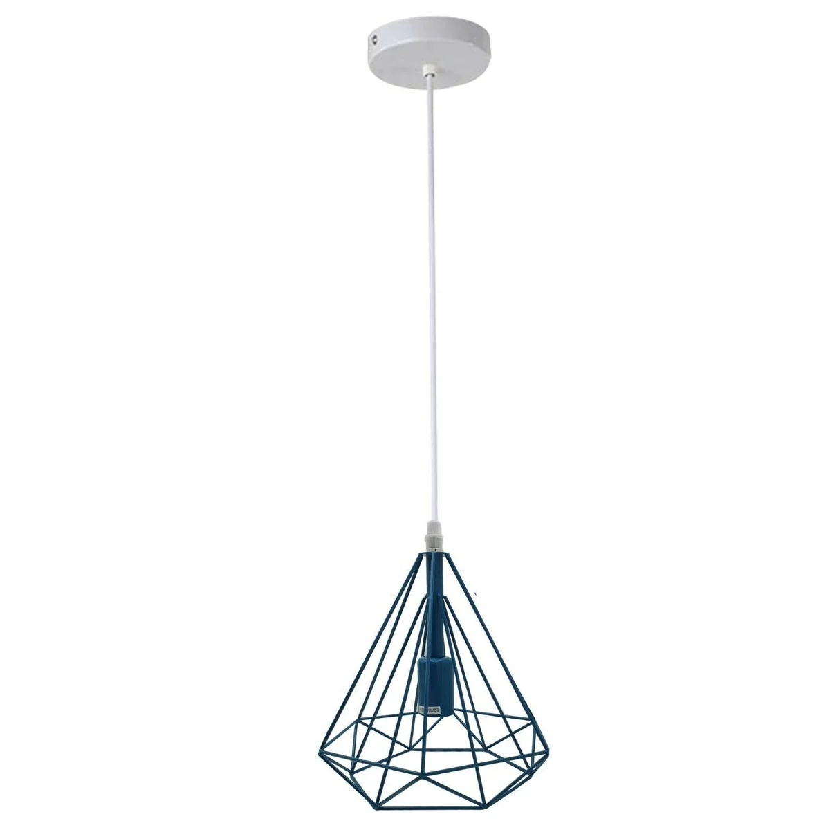 Black vintage industrial E27 cage lamp with metal wire design hanging from ceiling against white background
