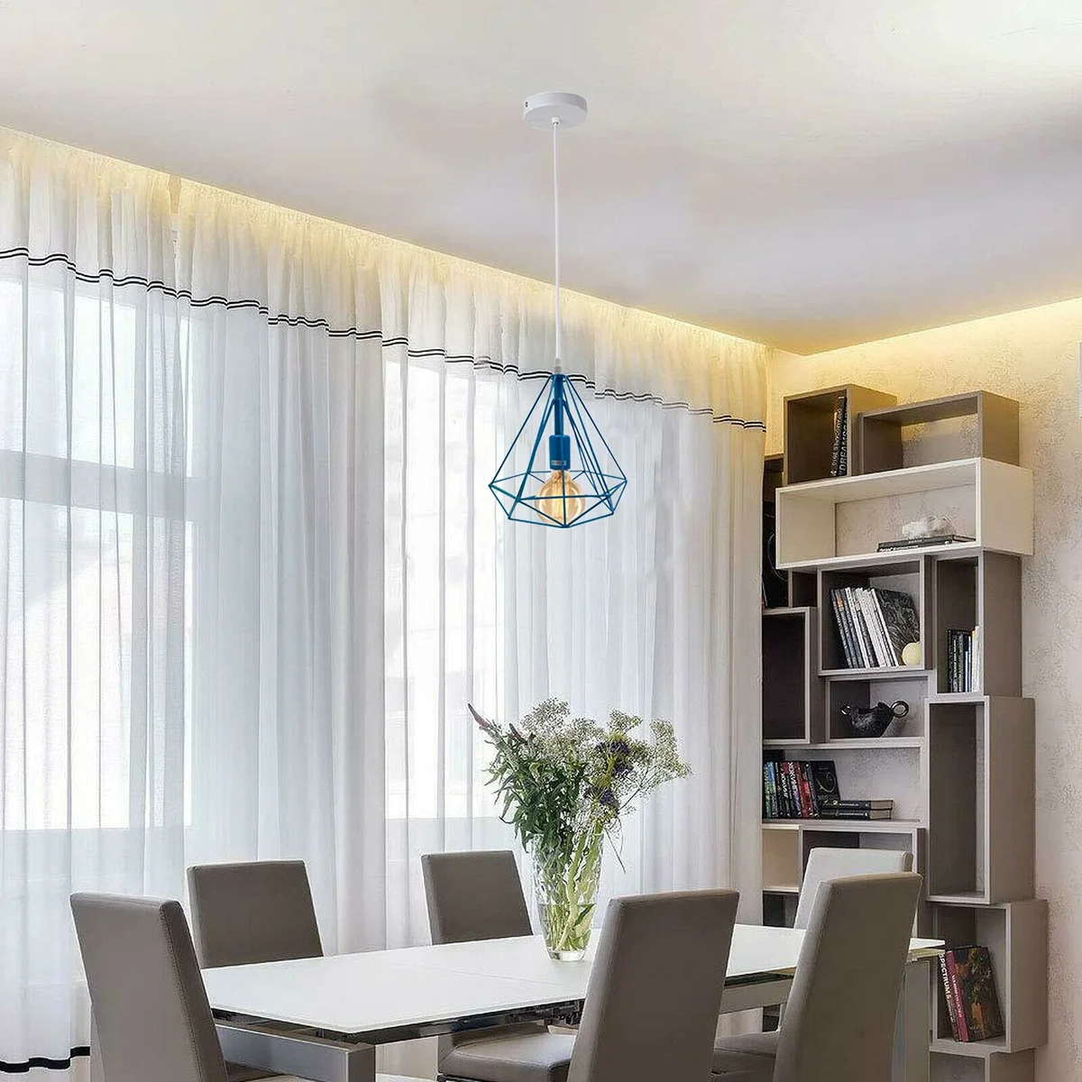 Black vintage industrial metal wire pendant lamp with adjustable cable and E27 holder hanging from ceiling