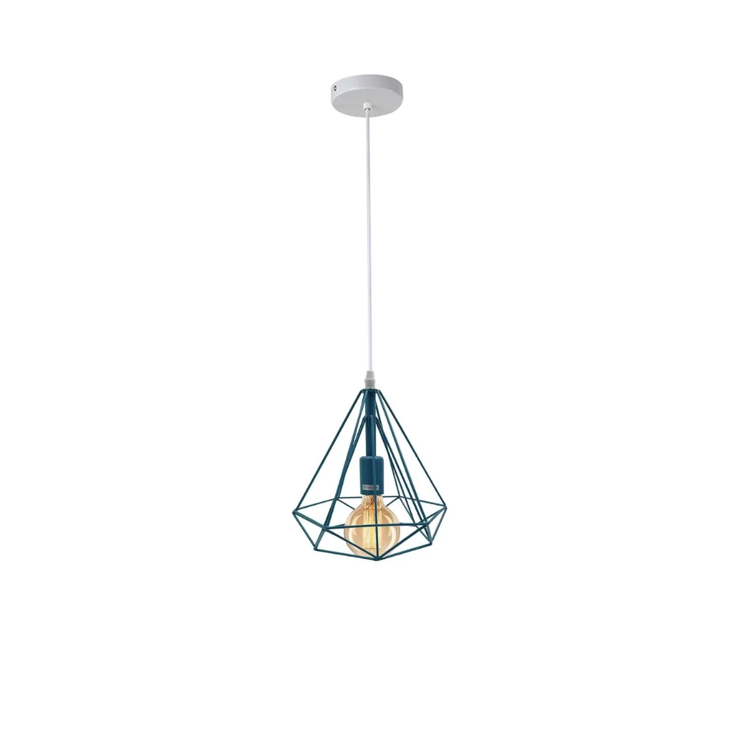 Black blue pendant light with industrial metal wire cage, adjustable cable, and E27 lamp holder hanging from ceiling