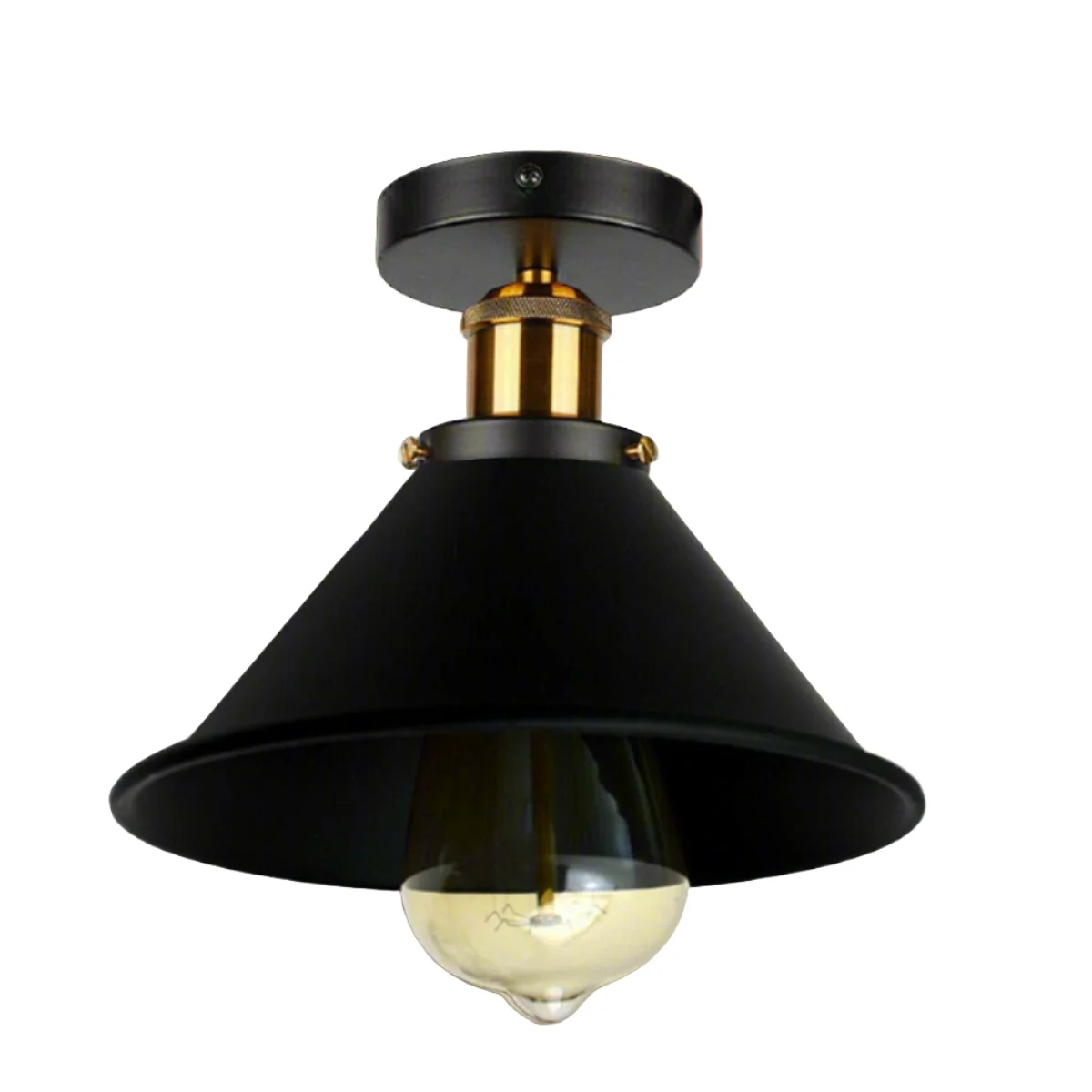 Black ceiling light with conical metal shade and gold brass accents, semi-flush mount with E27 bulb holder