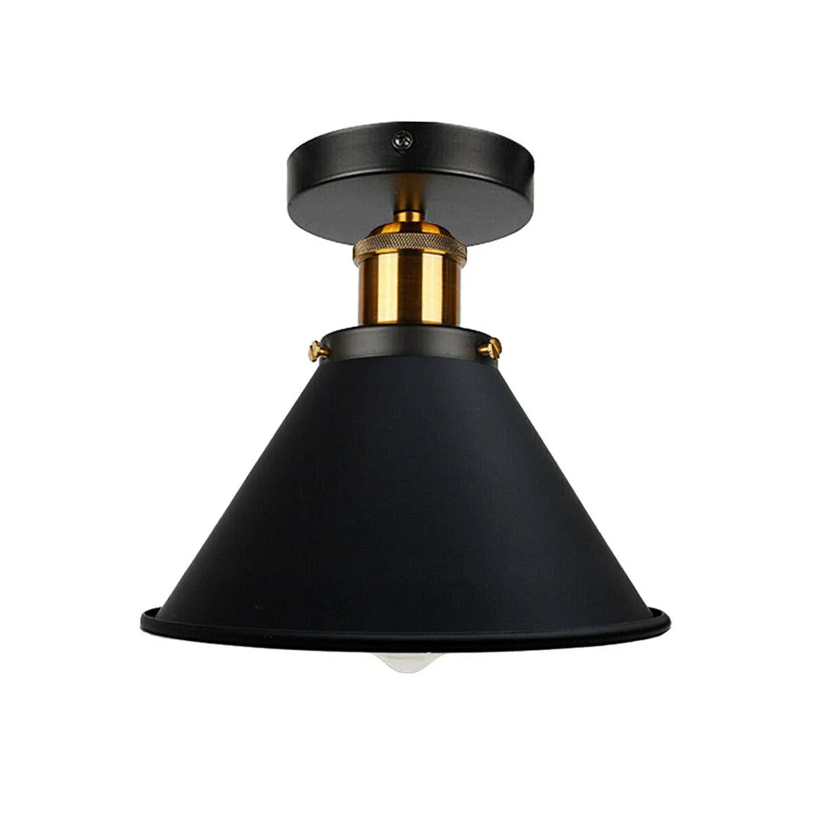 Black metal ceiling lamp with conical shade and gold brass accents, semi-flush mount for modern UK homes