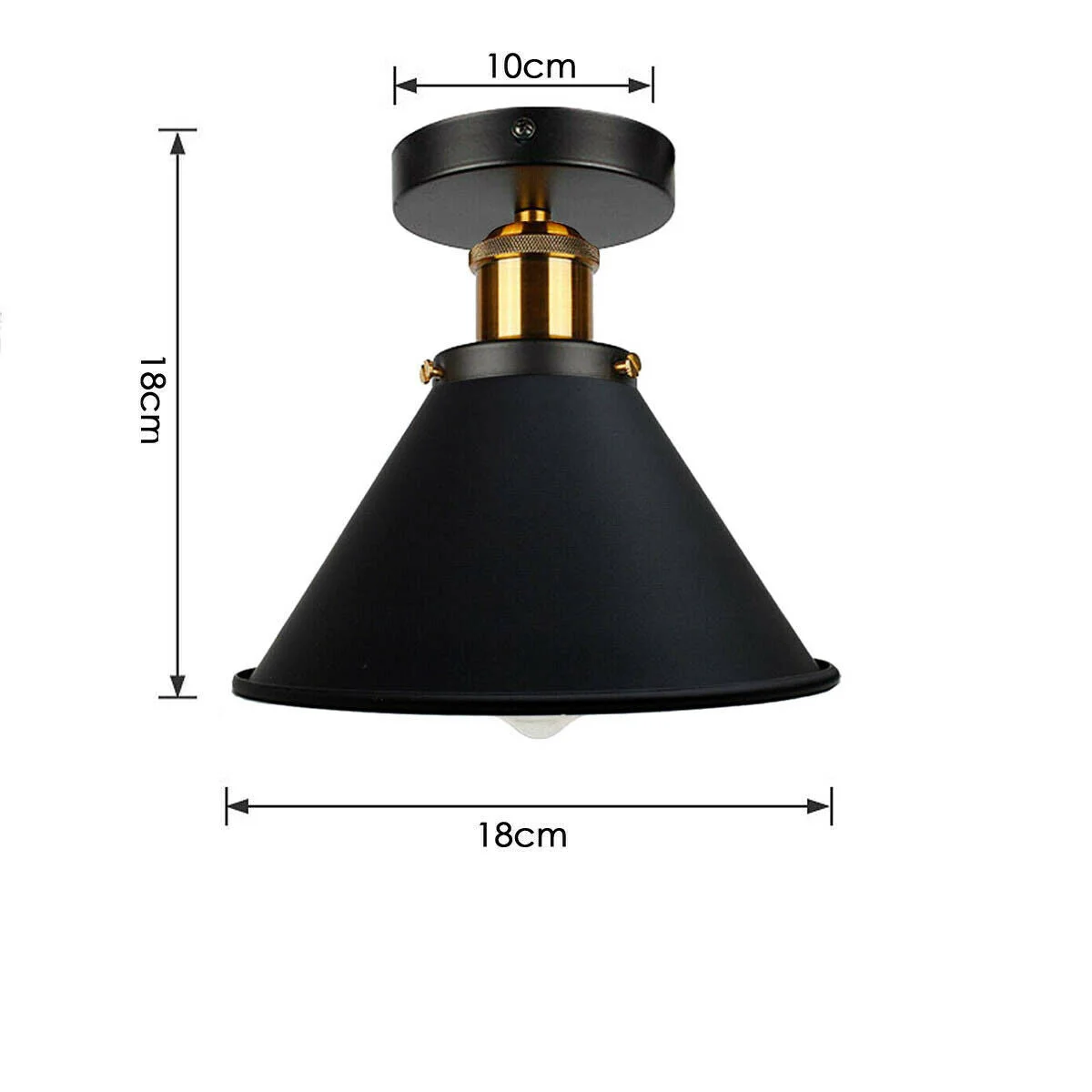 Black industrial semi-flush ceiling light with conical shade and gold accents, featuring E27 bulb fitting and ceiling rose