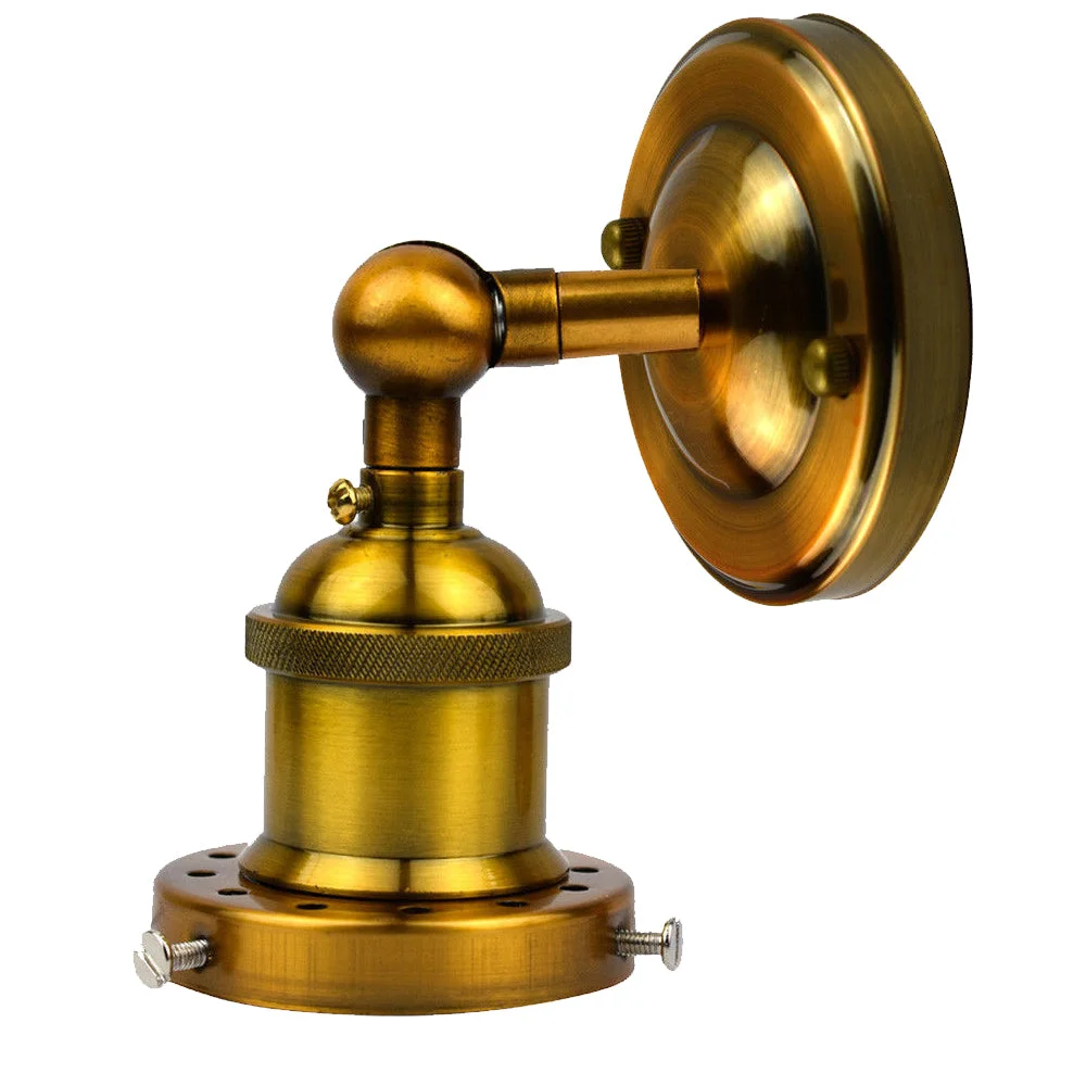 Vintage metal wall sconce with aged steel finish and round ceiling rose, designed for E27 Edison bulbs, mounted on wall