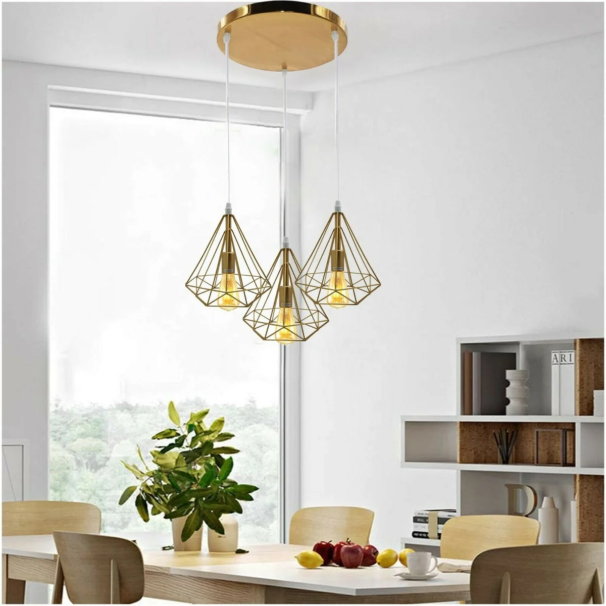 Gold 3 head ceiling pendant lamp with metal and PVC shades, adjustable cables, and E27 bulb holders in industrial style