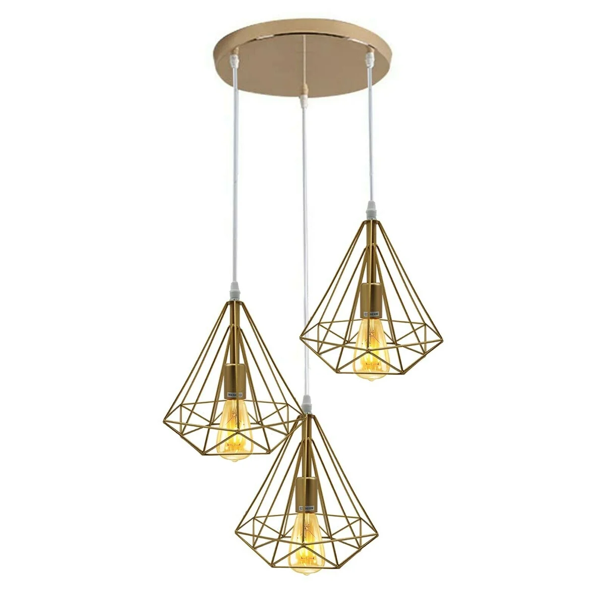 Modern vintage industrial pendant light with three gold metal cage shades and adjustable cables hanging from ceiling plate