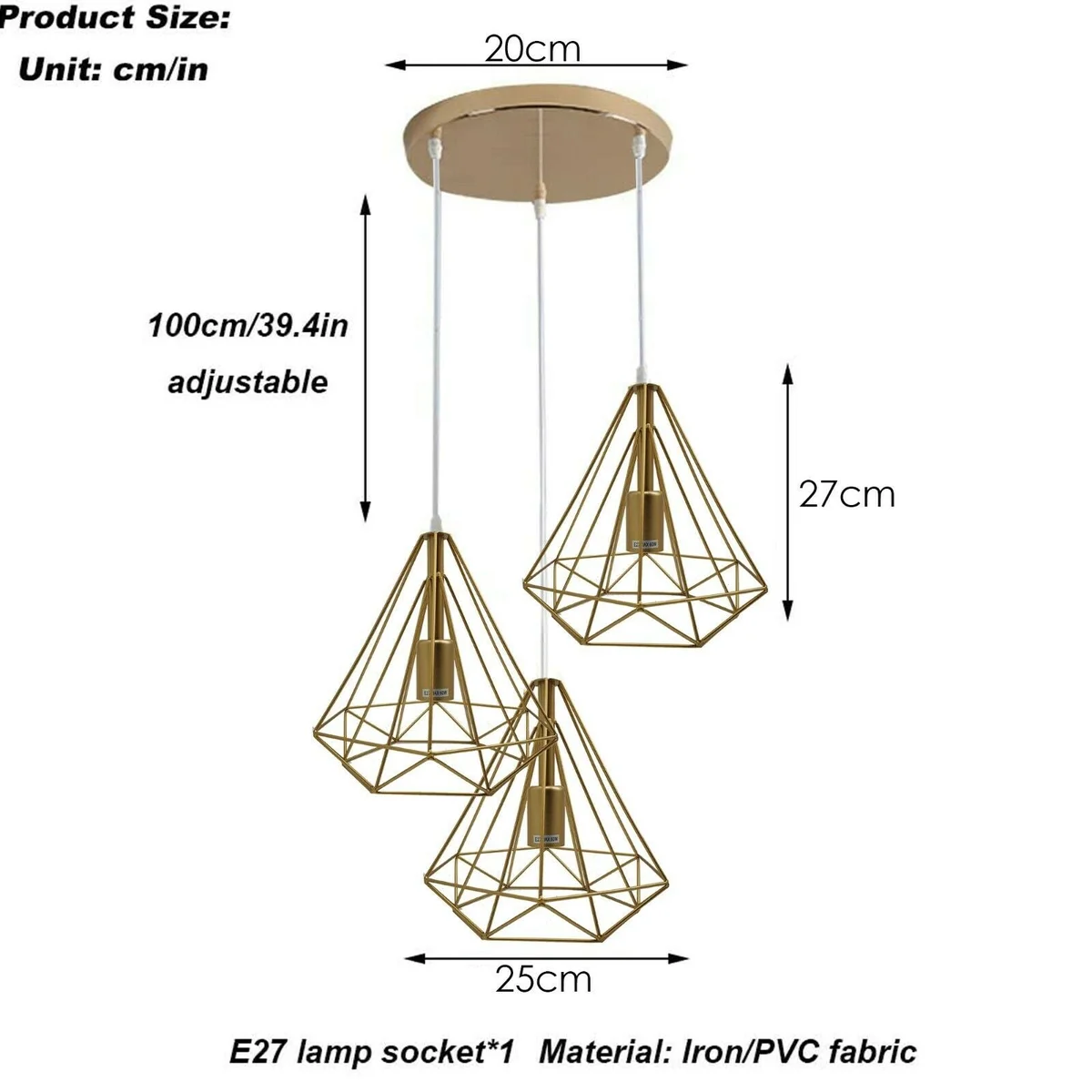 Gold metal pendant lamp with three adjustable cage shades hanging from a ceiling plate in a modern vintage style