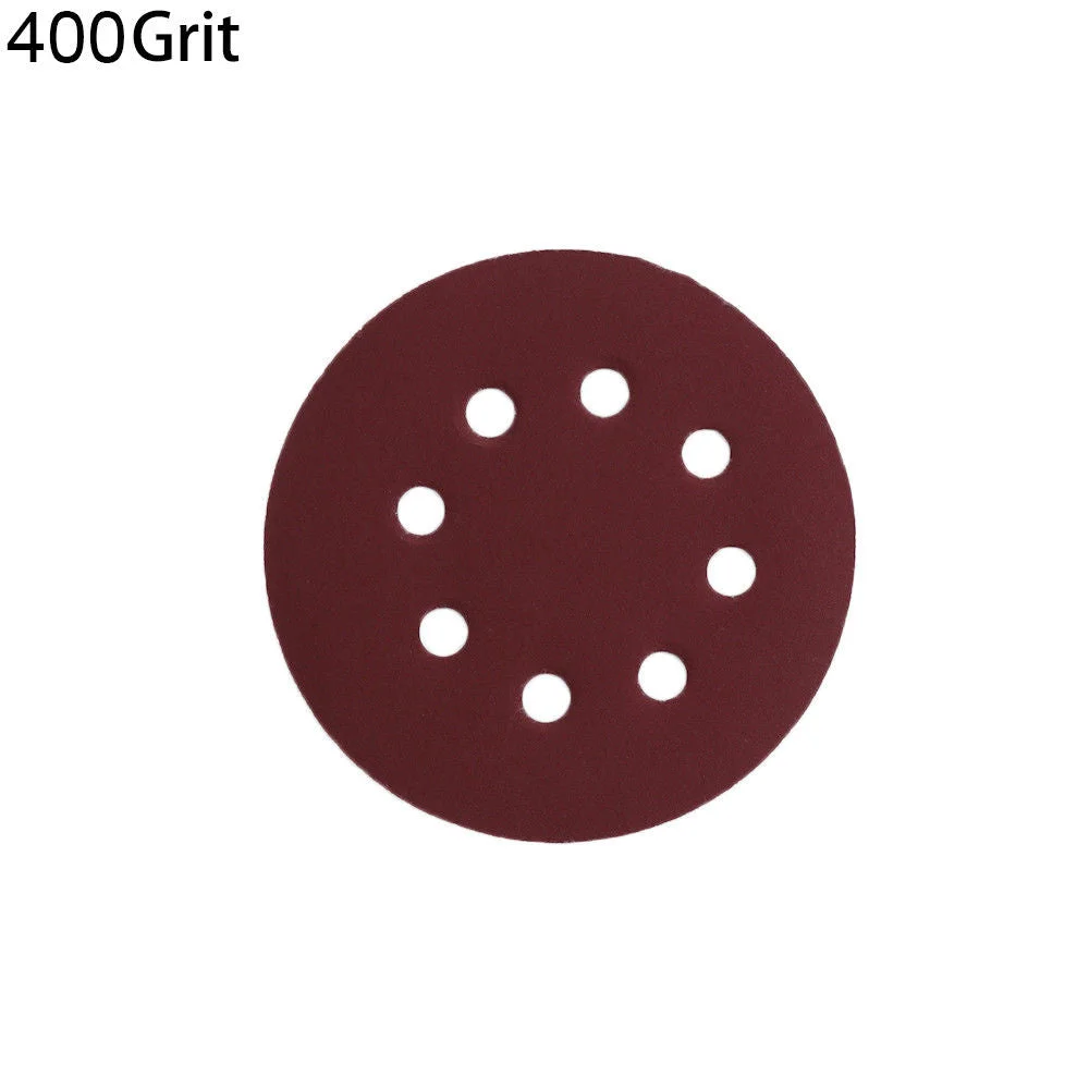 Red 5 inch 8 hole sanding discs made of aluminum oxide, suitable for metal, wood, and jade polishing tasks