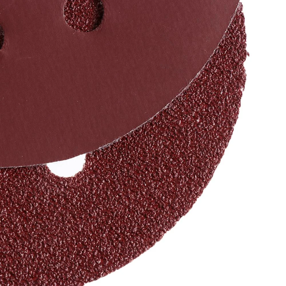 Set of five red 5 inch 400 grit sanding discs with 8 holes, suitable for metal, wood, and jade polishing tasks