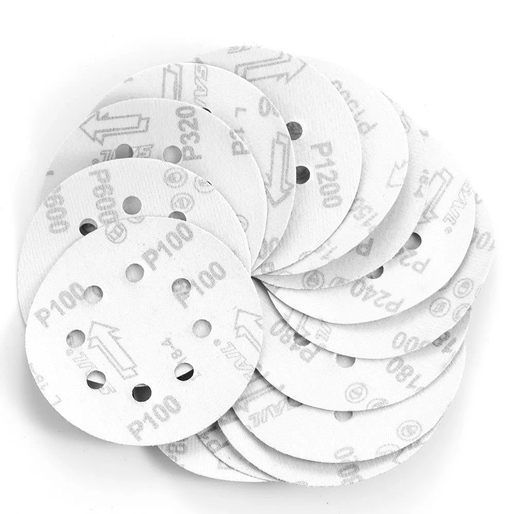 Set of five red 5 inch sanding discs with 8 holes, made from aluminum oxide for metal and wood sanding tasks