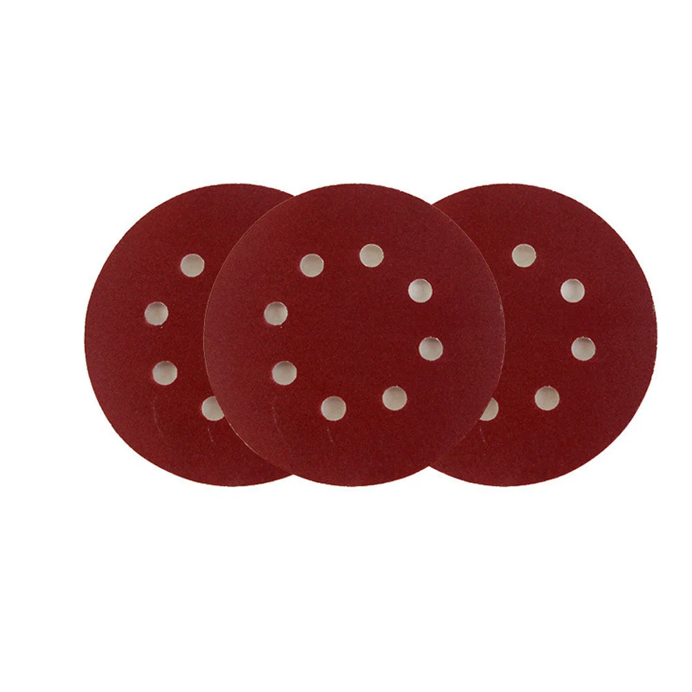 Red 5 inch sanding discs with 8 holes, made of aluminum oxide, suitable for metal, wood, and jade polishing