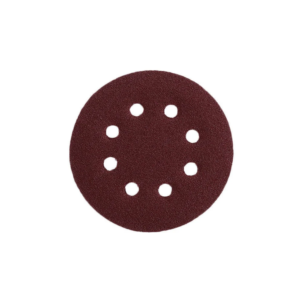 Five red 5 inch sanding discs with 8 holes, made of aluminum oxide for metal and wood sanding tasks