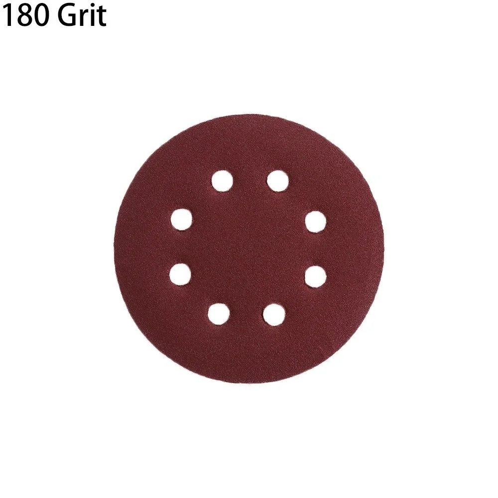 Set of five red 5 inch aluminum oxide sanding discs with 8 holes, grit 180 for metal and wood sanding tasks