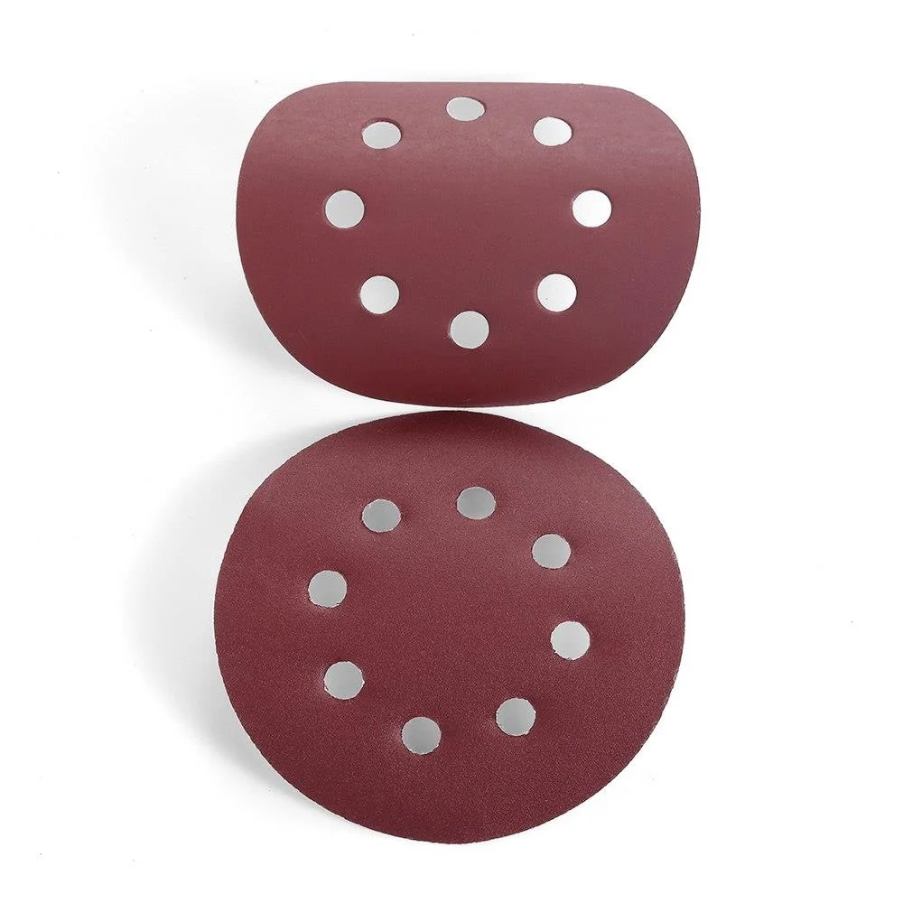Set of five red 180 grit sanding discs with 8 holes, 5 inch diameter, suitable for metal, wood, and jade sanding