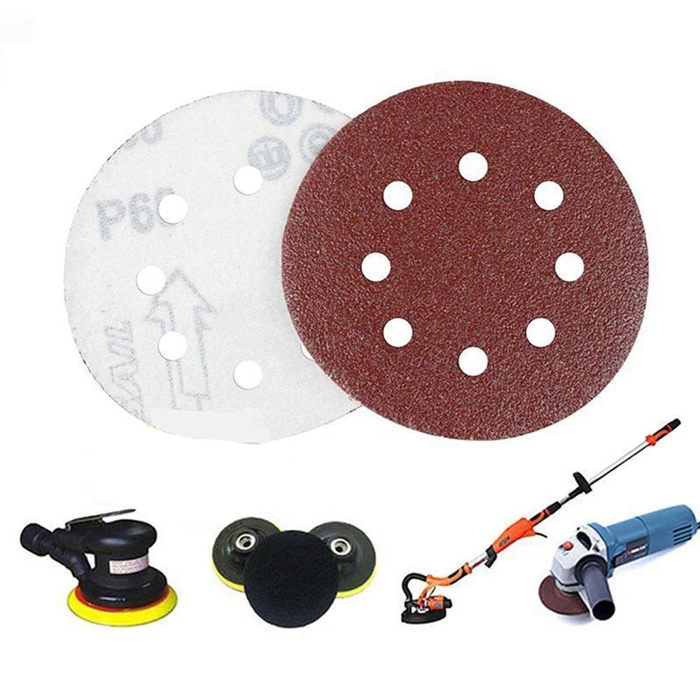 Set of five red 5 inch sanding discs with 8 holes, made of aluminum oxide for metal and wood sanding tasks