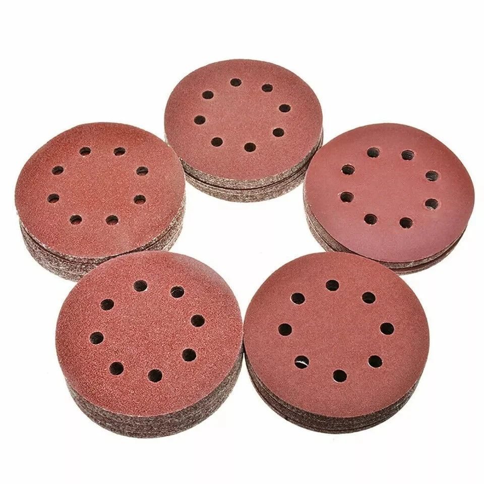 Set of 5 inch sanding discs with 8 holes, reddish-brown 150 grit aluminum oxide for wood and metal sanding