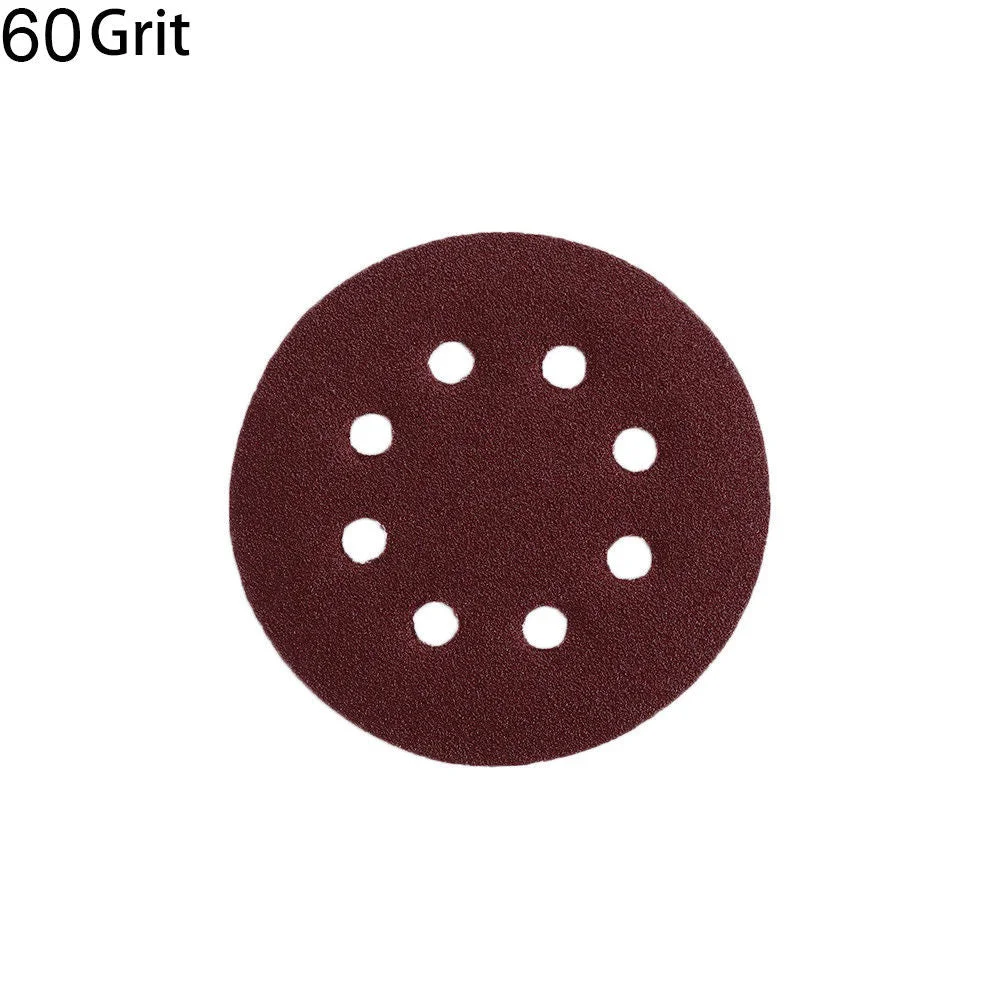 Set of 125mm 60 grit sanding discs with 8 holes, reddish-brown, hook and loop backing for orbital sanders