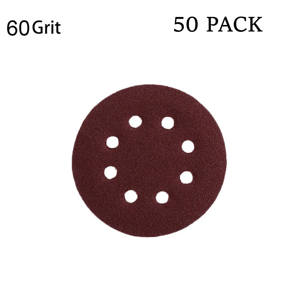 Stack of reddish brown 125mm sanding discs with 8 holes, 60 grit, hook and loop backing for orbital sanders