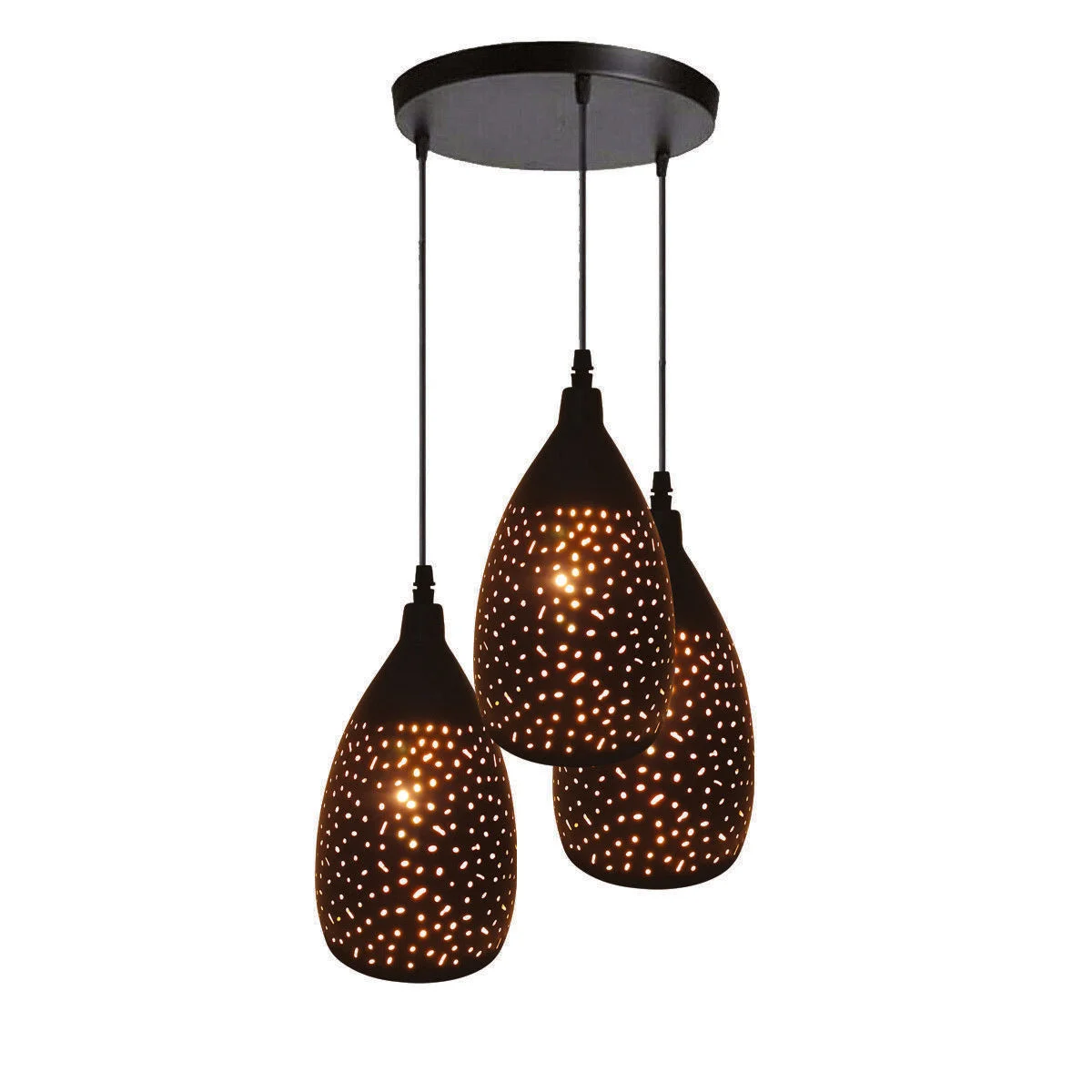 Modern design black pendant light set with three shades hanging from a single ceiling plate with 90cm cables