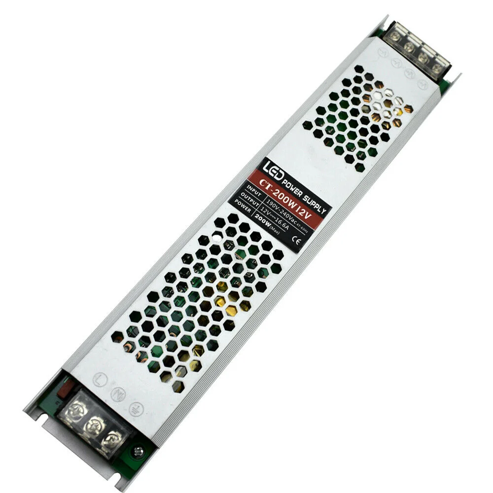 Ultra slim aluminium 12V LED strip transformer with screw terminals and cooling vents for 200W LED power supply