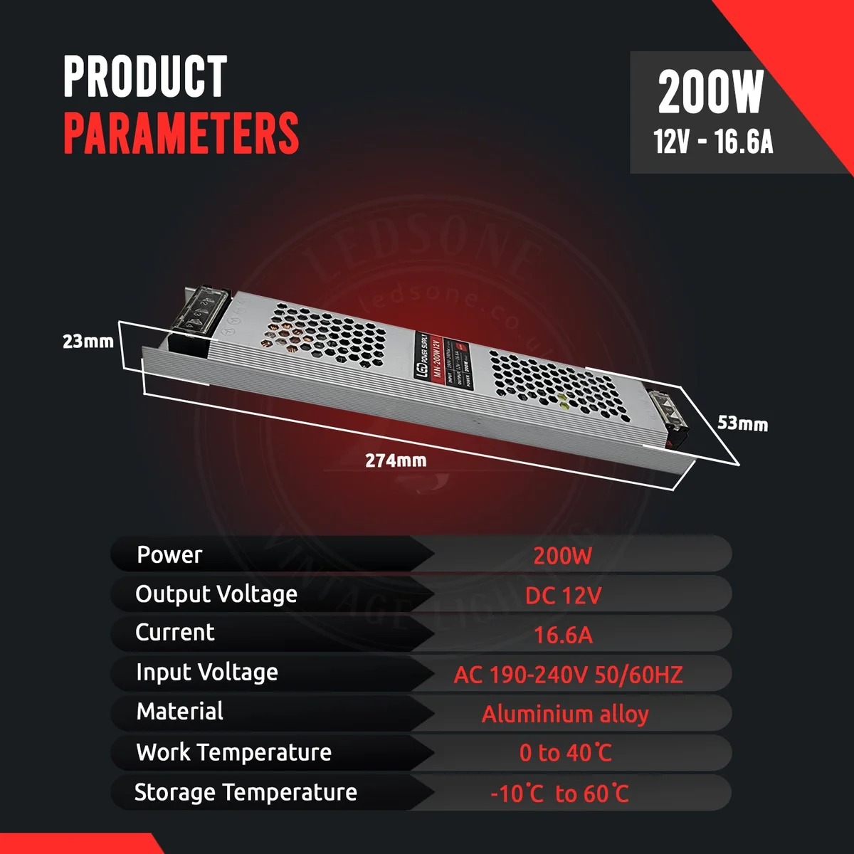Ultra slim DC 12V power supply transformer with aluminium shell and screw terminal connections for LED strips