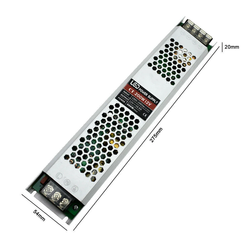 Slim aluminium 12V LED strip transformer with screw terminals and 200W power output for LED lighting systems