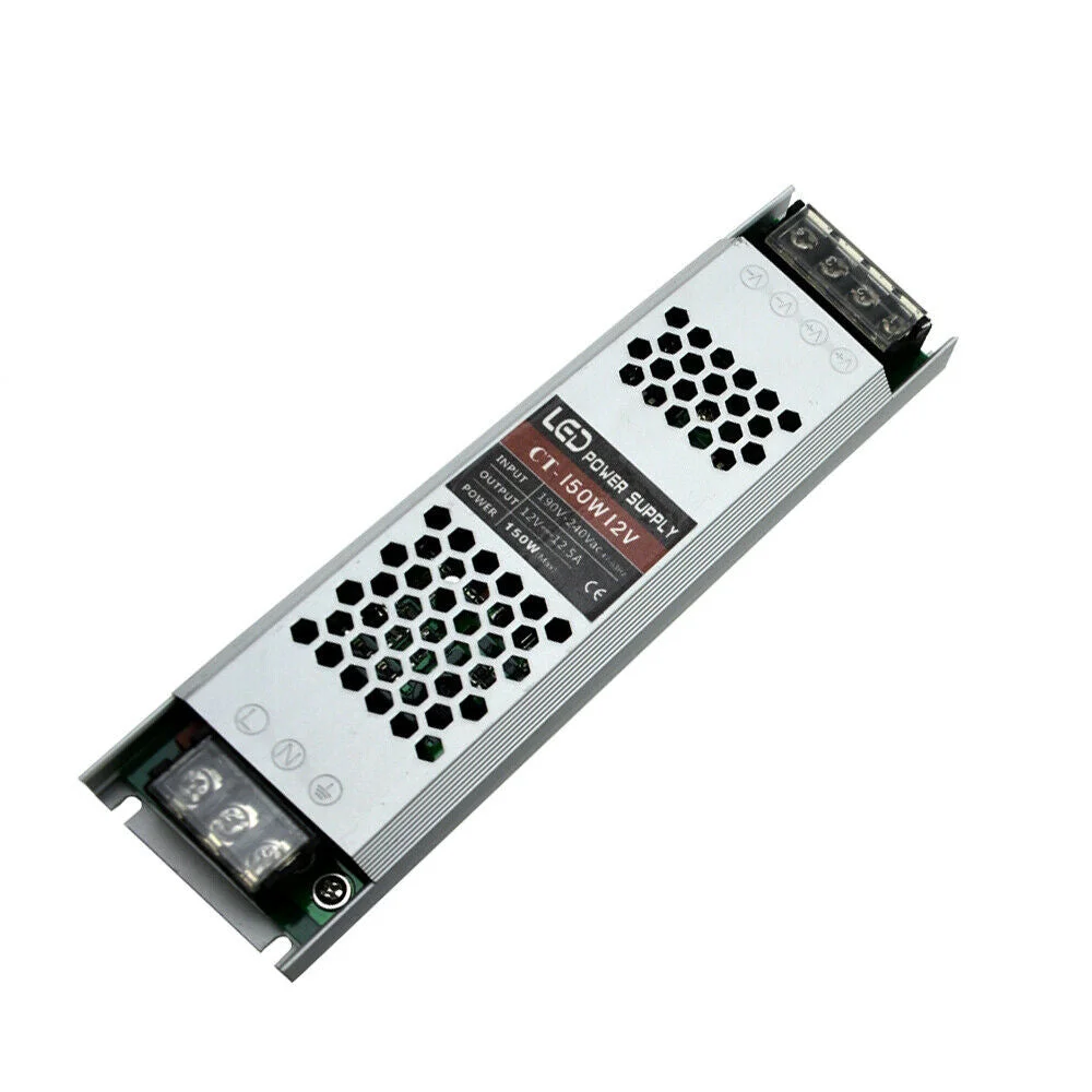 Ultra slim 150W LED power supply with metal honeycomb casing and screw terminal connections for 12V DC output