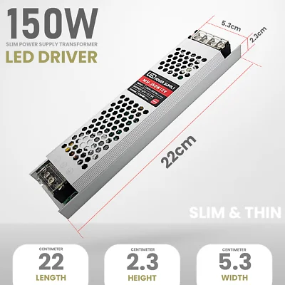 Ultra slim LED transformer with metal honeycomb casing, screw terminals, and compact 198x54x20mm size for 12V 150W output