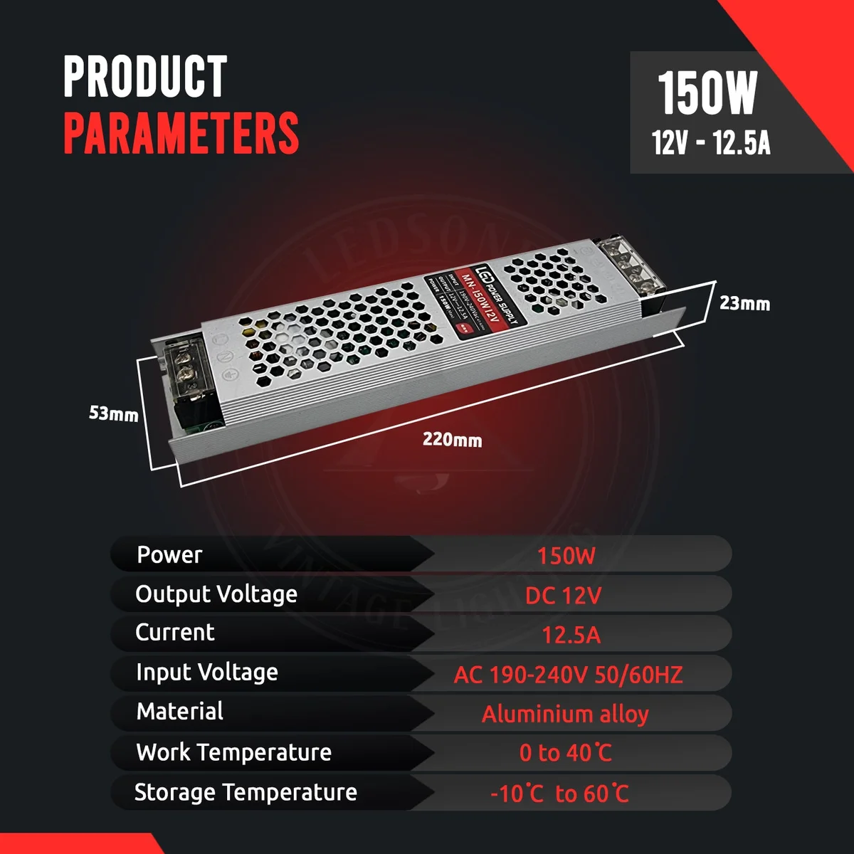 Ultra-slim 12V 150W LED driver with screw terminals and metal honeycomb casing, 12.5A DC power supply for LED strips