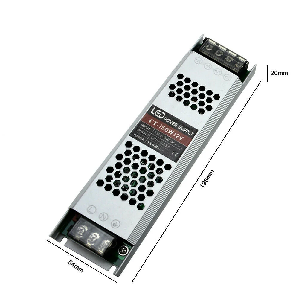 Ultra slim 12V LED driver with metal honeycomb casing, screw terminals, and cooling vents for heat dissipation.