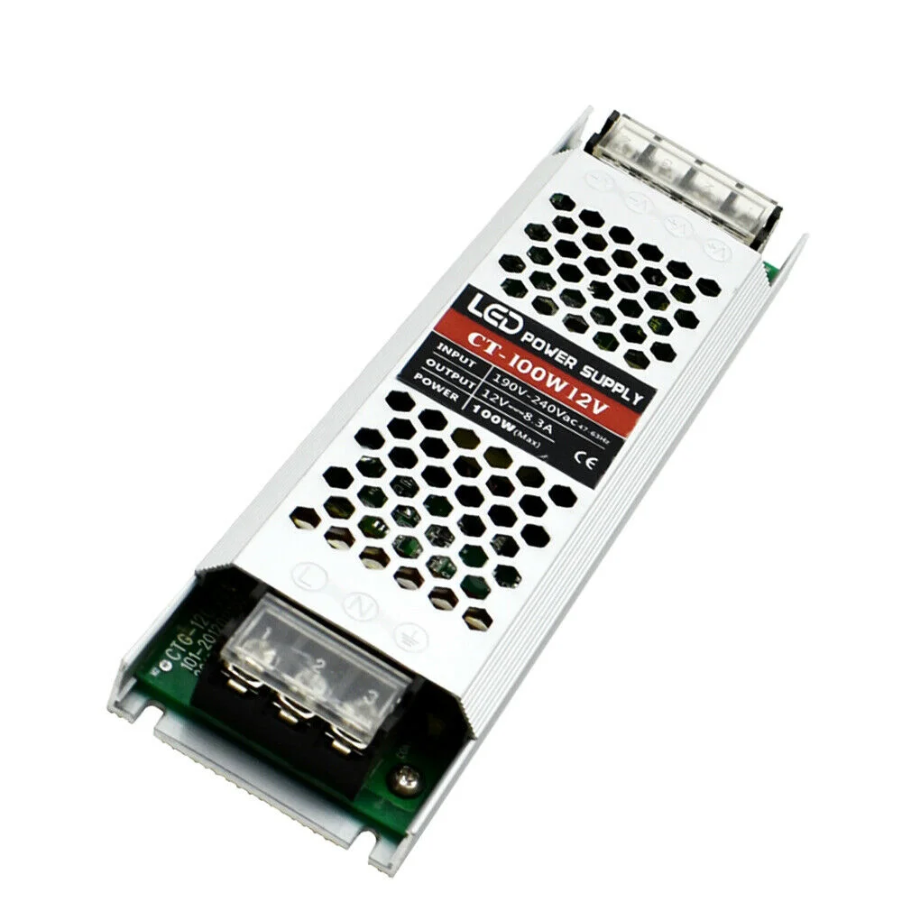 Compact 12V LED power supply with aluminium honeycomb casing, screw terminals, and cooling vents for indoor use.