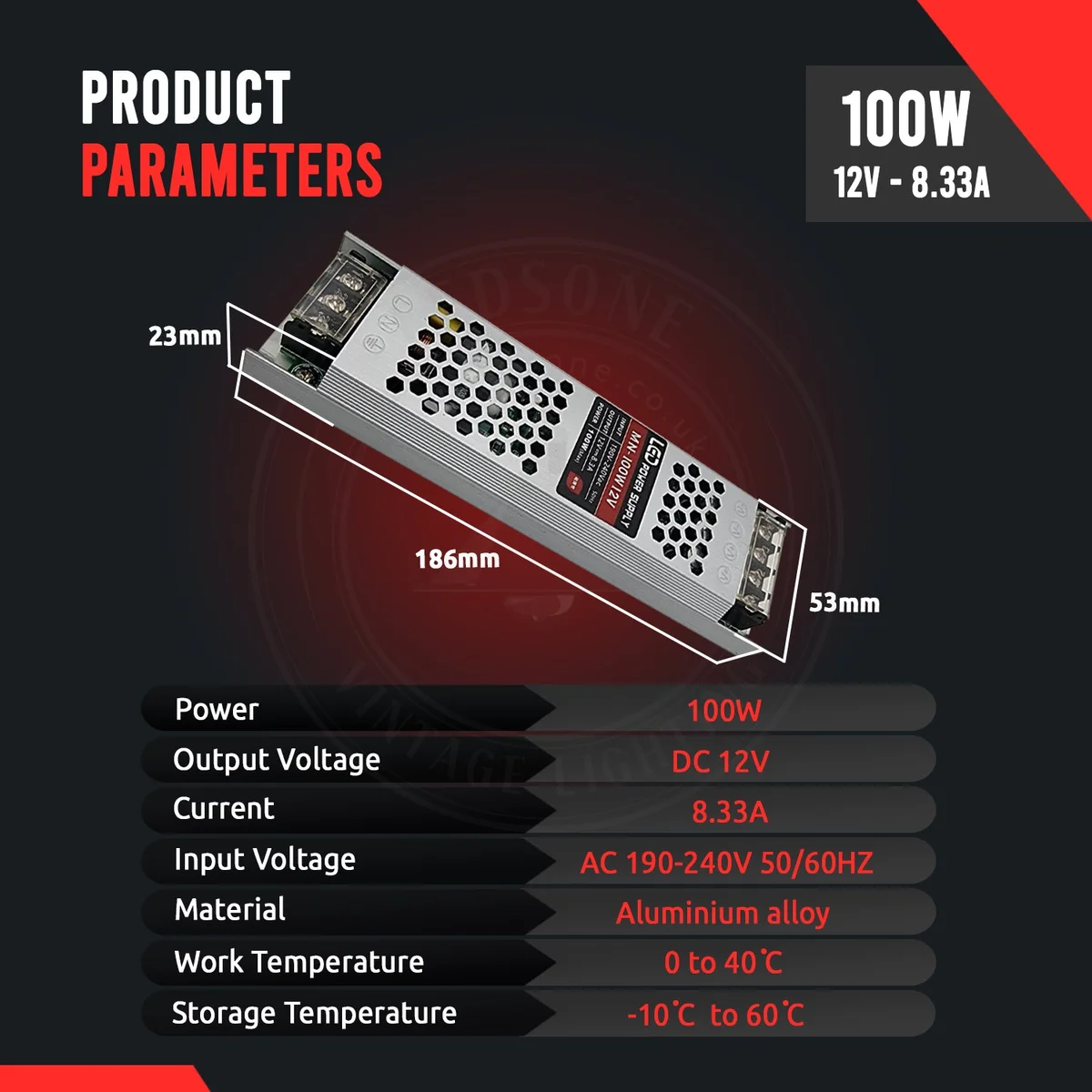 12V 100W LED transformer with aluminium housing, honeycomb vents, and screw terminals for indoor LED power supply
