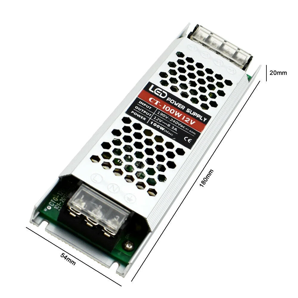 Compact 12V LED power supply with aluminium honeycomb casing and screw terminal connections for indoor use