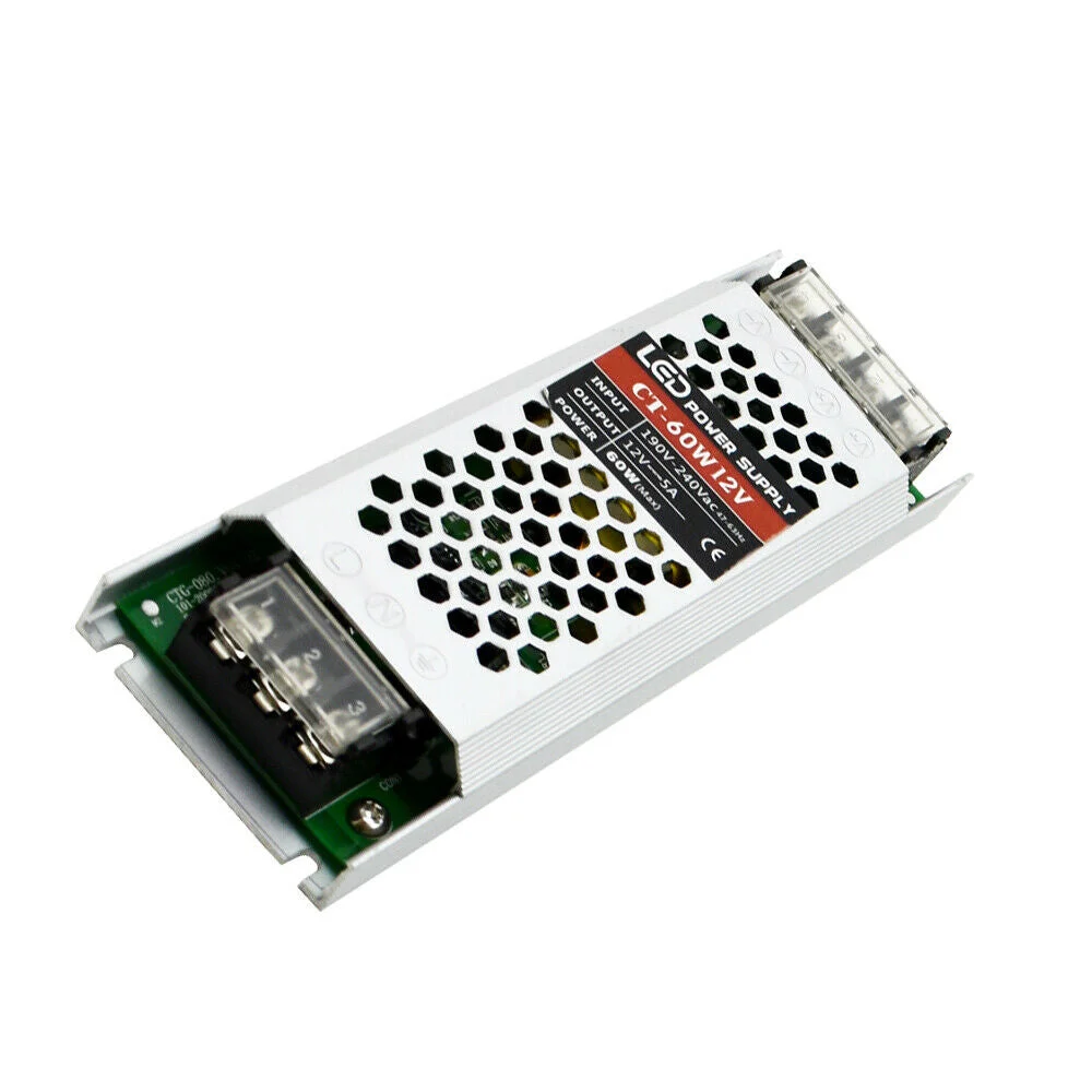 Ultra slim 12V LED driver power supply transformer, 60W, black rectangular casing with ventilation slots and wiring terminals