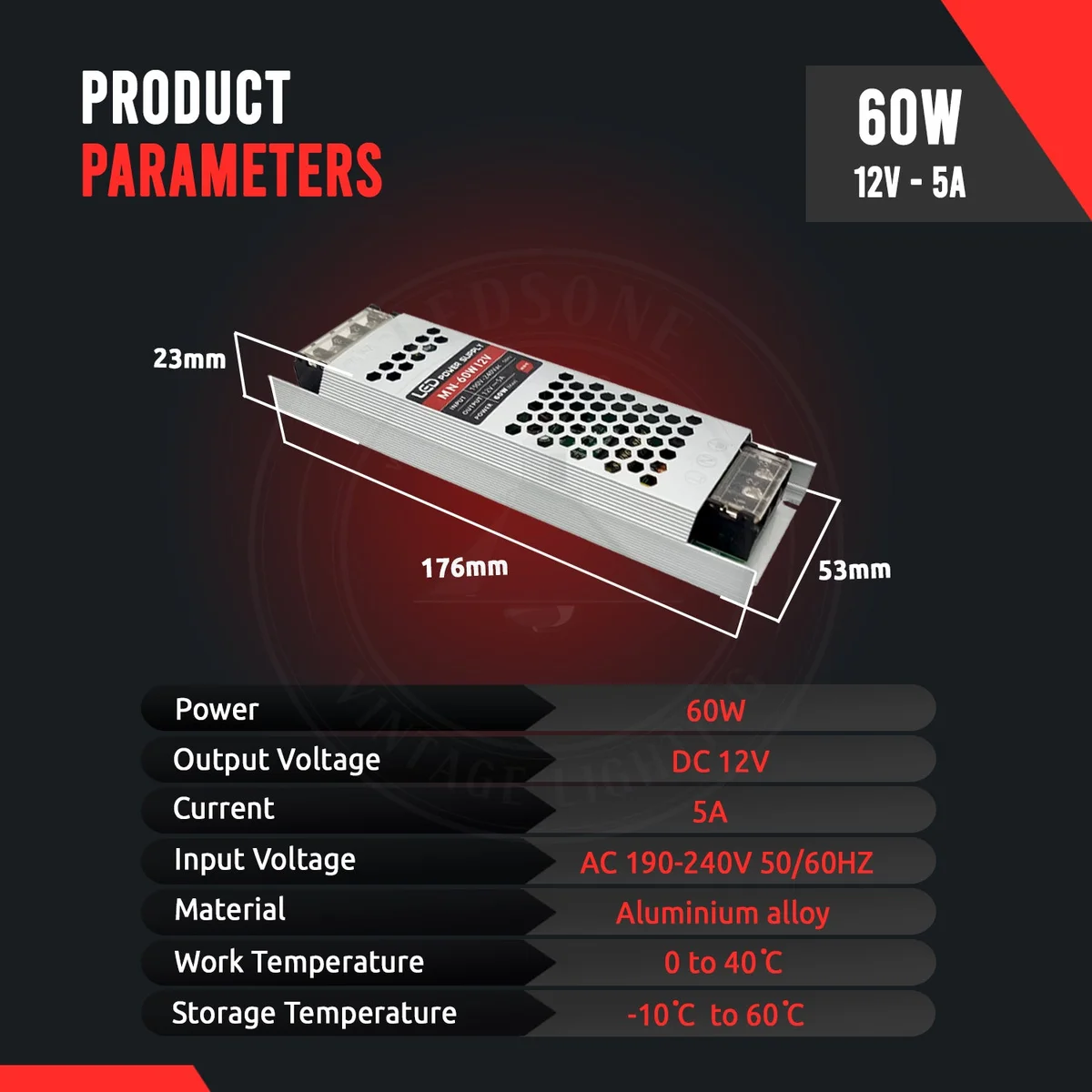 Ultra slim 60W LED transformer DC12V power supply with black casing and ventilation slots for LED strip lighting
