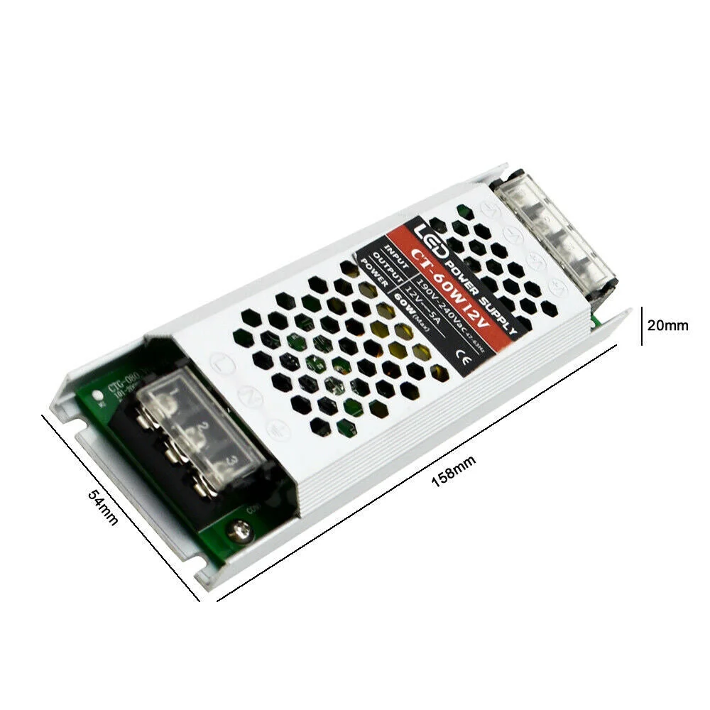 Slim black 12V LED driver power supply transformer with input/output specs and cooling vents on sides, compact design