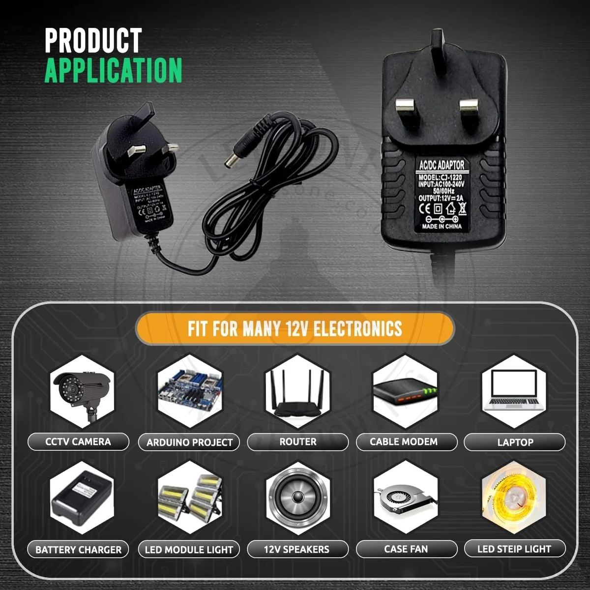 12V power adapter UK with UK plug, black plastic casing, 90cm cable, and 5.5mm x 2.5mm output connector