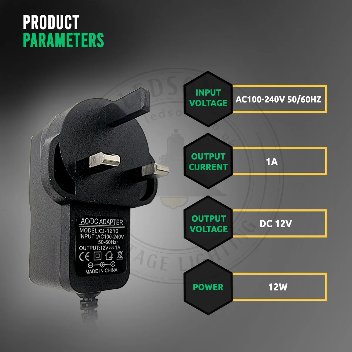 Universal regulated power adapter with UK plug, black plastic case, and 90cm cable for 12V DC output devices